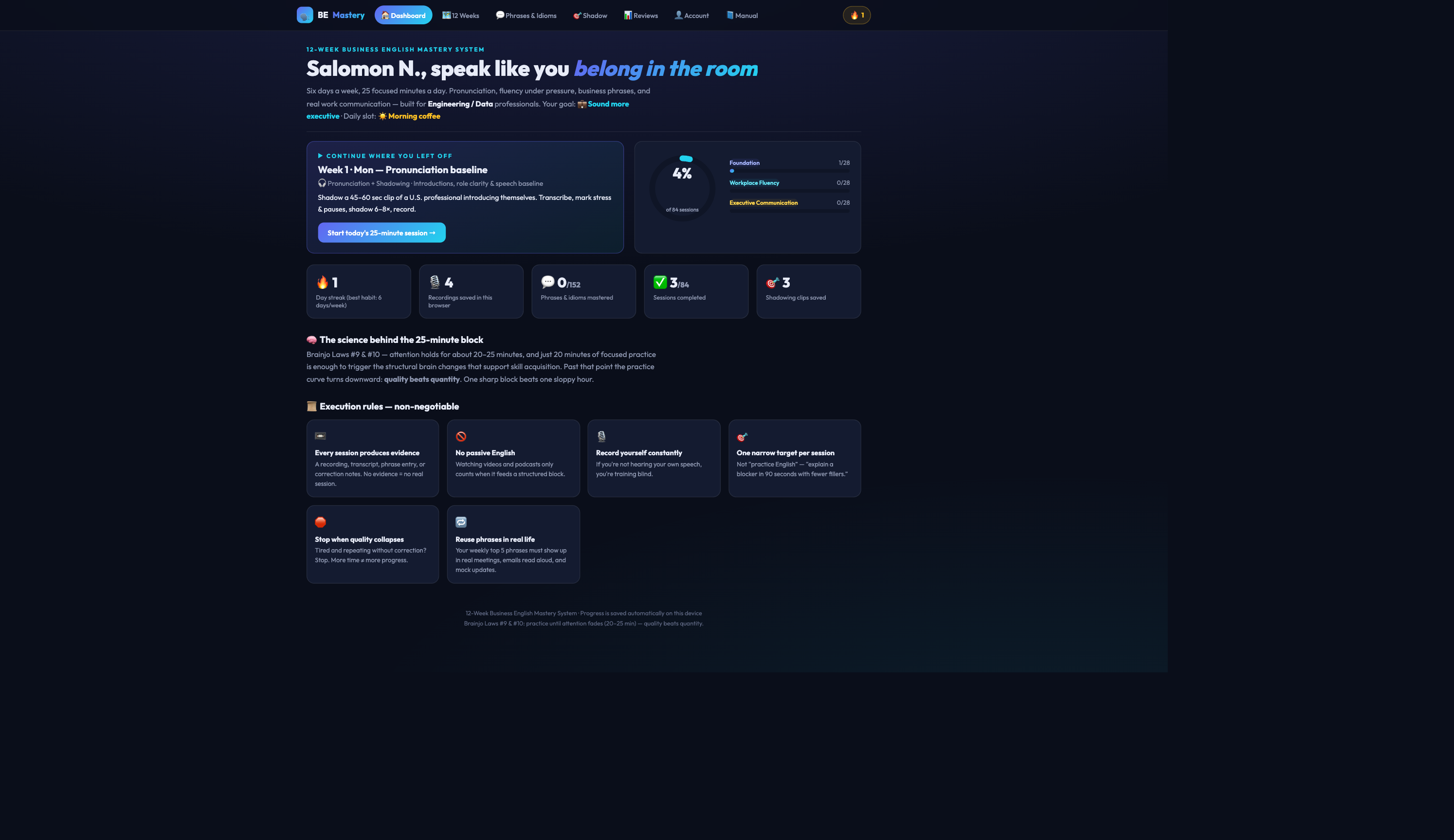 The app dashboard showing today's session, progress ring and streak