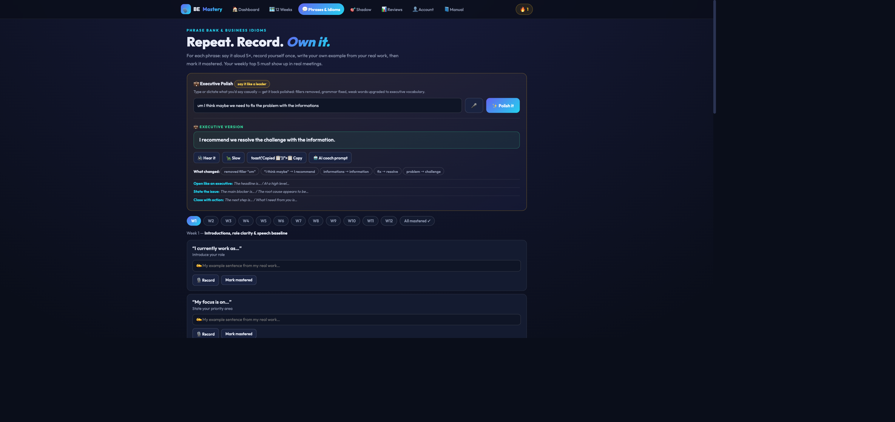 Phrases tab with Executive Polish