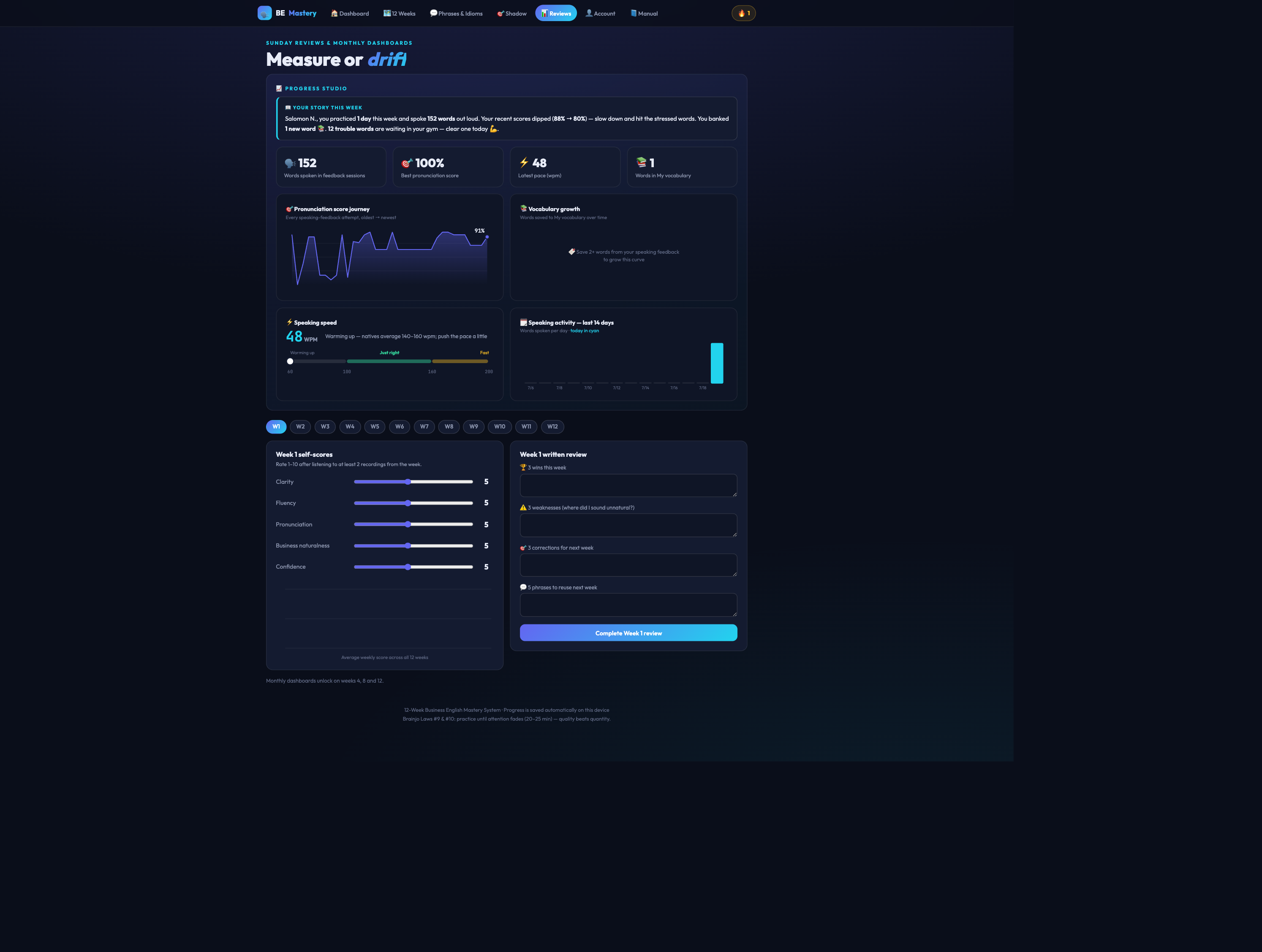 Progress studio and weekly review